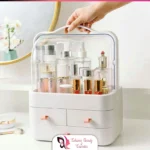 Rectangle Cosmetic Storage Box, 2 Side Open Transparent Separation Dressing Table Organizer Portable Skincare , Beauty Makeup Case-White